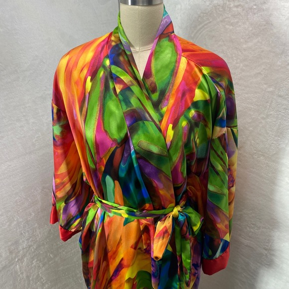 Natori Private Luxuries Robe Kimono Abstract Print L-XL Red Trim Belted Pockets - Picture 2 of 13